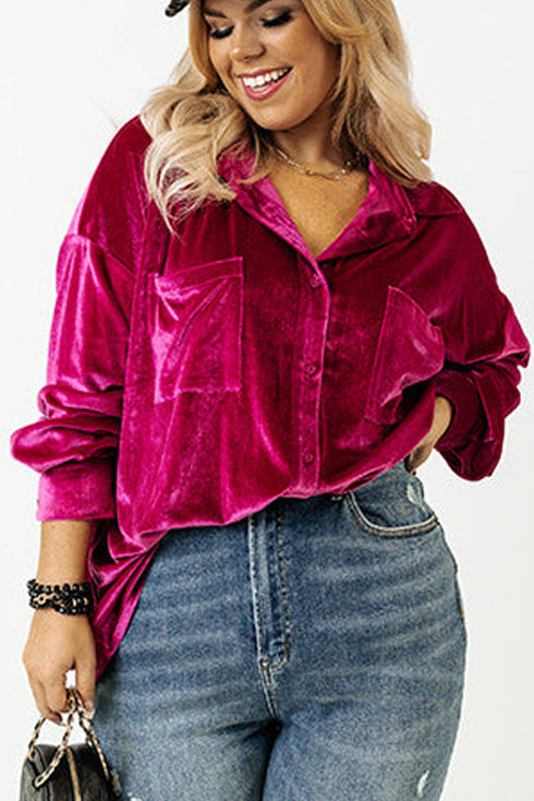 Plus Size Velvet Chest Pocket Drop Shoulder Shirt